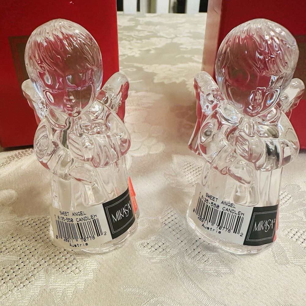 Vtg Mikasa Sweet Angel Crystal Candle Holder Pair Cherub Figurine NIB Austria